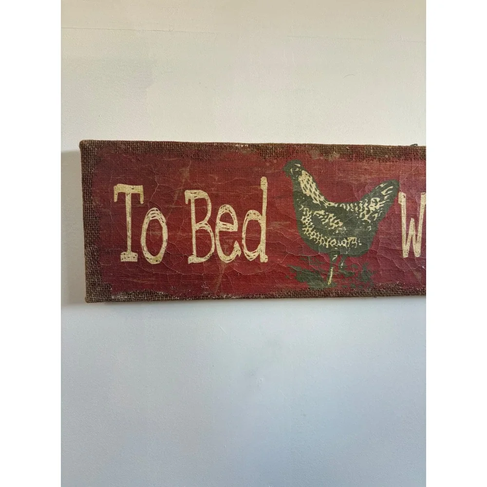 To Bed With The Chickens Rustic Burlap Wood Sign Farmhouse Wall Decor Red 27.5in